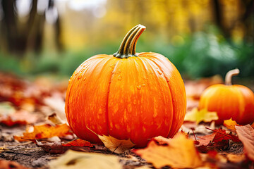 Close up of a pumpkin in the autumn forest
