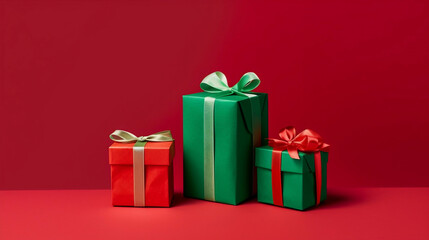 Obraz premium Mock up of three red and green gift boxes wiht red and green ribbon isolated on red background, online shopping offer, New year and Christmas present.
