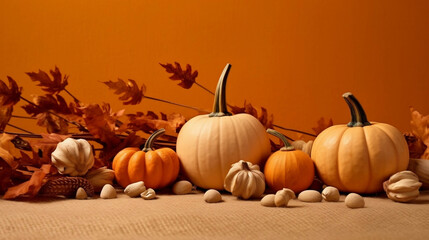 Pumpkins and falling autumn leaves on orange background, Thanksgiving and Halloween autumn background with copy space.