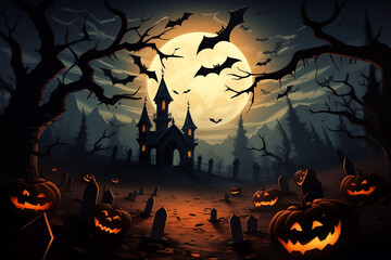 halloween background with gravestones, pumpkins and bats