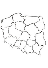 Mapa Polski z podziałek na Województwa mapa konturowa Polski  - obrazy, fototapety, plakaty