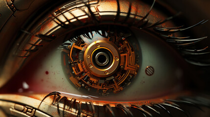 Female android robot eye close up. Digital iris of cyber woman. Bionic technology concept. Generative AI