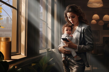 A businesswoman with a baby in her arms works in an office. Busy lady in a suit holding a baby - obrazy, fototapety, plakaty