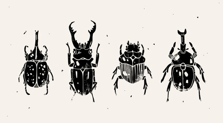 Set of various beetles, bugs or insects. Hand drawn modern Vector illustration. Vintage, Engraving style. Isolated design elements. Print, logo, poster templates, tattoo idea - obrazy, fototapety, plakaty