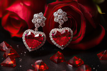 Red heart shaped earrings with diamonds , Valentine's gift