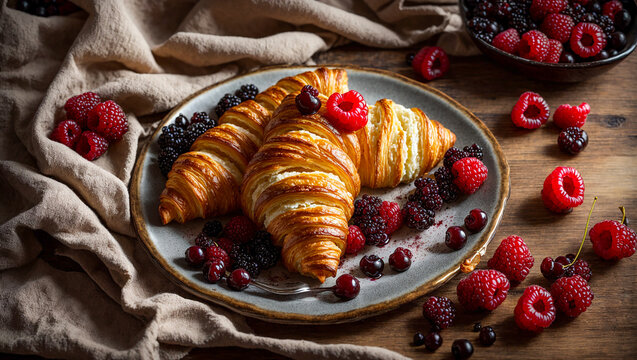Appetizing croissants with raspberries on an old background