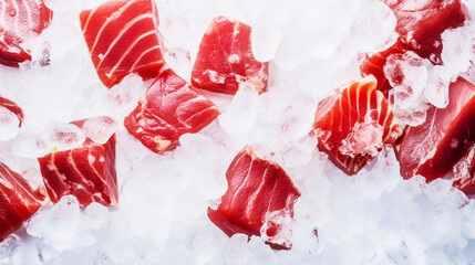 Slices of tuna fish on the ice cubes. Fresh fish fillet. Seafood background. Generative AI