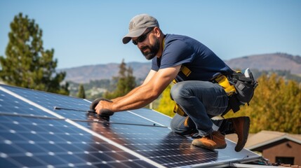 man with solar panels. Generative AI