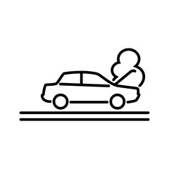 Burning car linear icon. Car line style silhouette with fire at the motor hood. Smoke from under the hood. Vehicle driving safety or car damage in road crash. Adjustable stroke width.