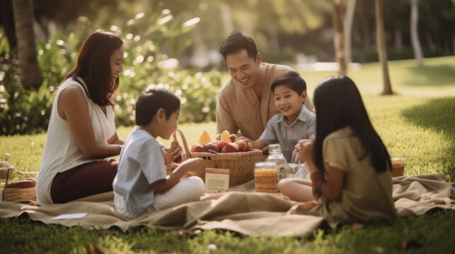 family having picnic in the park. Generative AI