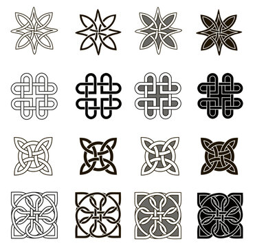 Medieval Celtic knot tattoo set. Celtic, Irish knots ornament. Celtic symbols, endless knot shape vector icon, infinite spirit unity symbol, pagan circle tribal symbols graphics isolated on white