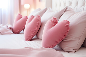 Fototapeta na wymiar Pink heart shaped pillows on the bed, cozy bedroom 