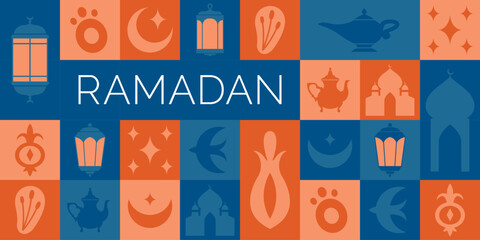 Oriental modern template of banner. Ramadan Kareem. Vector islamic template of card. Traditional illustrations with mosque, moon, lantern, flowers, bird, stars, oil lamp, minaret, berries.