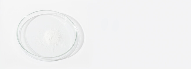 White powder in a Petri dish. Cocaine, cannabinoid, medicinal powder, antibiotic. lab, research.