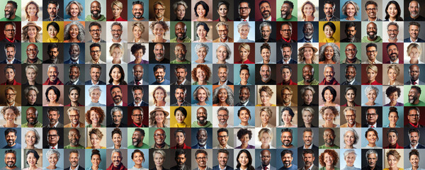 Panorama of portraits of many adults in the middle of life