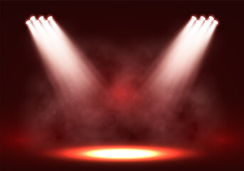 Spotlights. Scene for presentation illuminated by spotlights with smoke. Vector illustration.