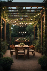 A pergola surrounded by greenery, gravel on the ground, simple patio furniture, string lights, night. Image created using artificial intelligence.