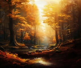 Autumn forest in fog and rocky stream with scattered sunlight and falling leaves