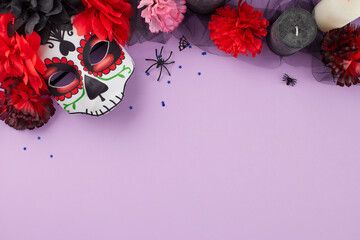 Step into a world of color and tradition at the vibrant Day of the Dead carnival. Top view of...