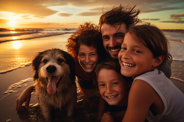 Diferentes tipos de familia disfrutando de un día de playa junto a su perro. Diversidad.  - obrazy, fototapety, plakaty