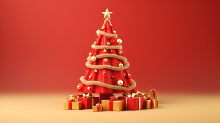 Red Christmas tree on red background 