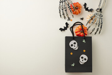 Surprising loved ones with Halloween treats. Top view shot of  black paper gift bag, spooky...