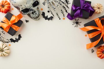 Creating Halloween delight with heartfelt gifts. Top view shot of black gift boxes, spooky skull, skeleton hands, pumpkins, scary silhouettes, confetti on light grey background with promo area