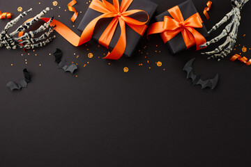 Elevate your Halloween gift-giving. Top view flat lay of skeleton hands, satin ribbon bows, black presents, scary insects, sequins on black background with marketing space