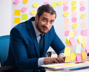 Young male employee in conflicting priorities concept