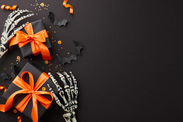 It's time for Halloween savings. Top view composition of skeleton hands, satin bows, black gift boxes, spooky bats, confetti on black background with advert space