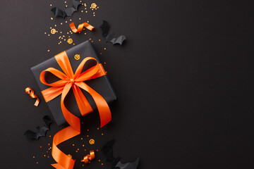 Elevate your Halloween with our special sale. Top view photo of black gift package, orange satin bow, bat silhouettes, vibrant confetti on black background with ad placement