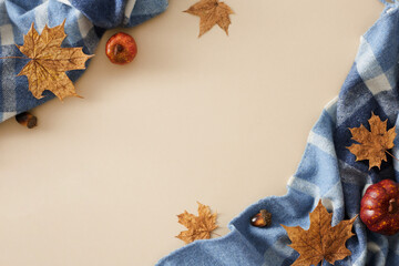 Create an autumn-inspired ambiance. Top view shot of warm blanket, colorful pumpkins, acorns, dry leaves on pastel beige background with promo spot