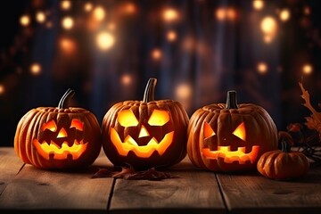 Fototapeta premium Halloween jack o lantern on Halloween party with beautiful bokeh candles light on the table top in haunted house or castle