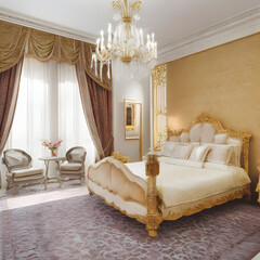 luxury hotel room with bed, luxurious guest room in a modern palace, made by AI