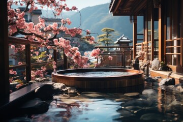 Landscape Japan onsen with sakura season Generative with Ai