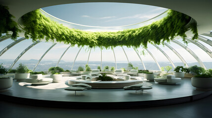 Modern and minimalist meeting room with a glass dome and green plants from a company concerned with climate change and renewable energy