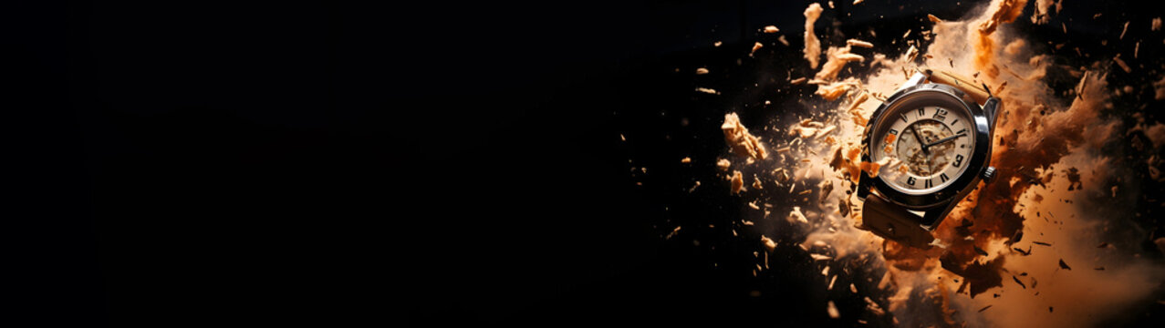 A watch exploding to pieces. time passing, time running, running out of time concepts