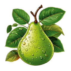 Green pear with dew on it . Clipart PNG image . Transparent background . Cartoon vector style . Generative AI