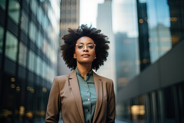 Portrait of a serious middle aged African American businesswoman in eyeglasses in a formal suit against the backdrop of skyscrapers in the business district of the city. Success and prosperity.