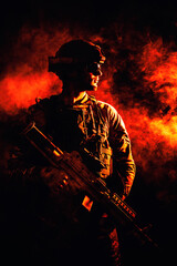 Fototapeta premium Backlit silhouette of special forces marine on fire explosion background. Battle, bombs exploding, smoke billows