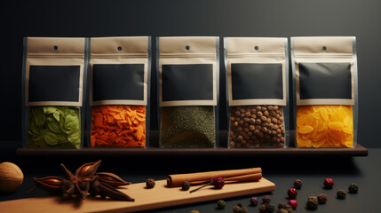Various spices and herbs packed in minimalist transparent plastic bags.