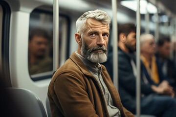 Photo of a tired Caucasian man taking a tram to home after work. Passengers commuting in bus. Public bus ride. Evening trip by city bus.