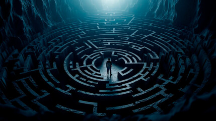 Man in a dark maze,  labyrinth strategy, making intricate decisions, embodying the idea of overcoming life's hurdles and finding solutions