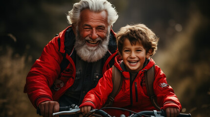 Obraz premium Grandpa teaches grandson to cycle in autumn park