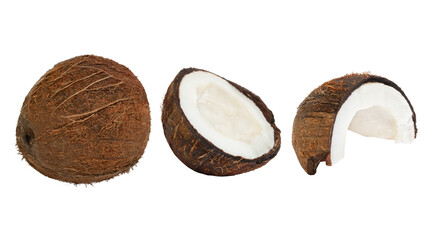 Set of whole coconuts and pieces of coconut on a blank background. PNG