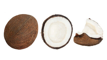 Set of whole coconuts and pieces of coconut on a blank background. PNG