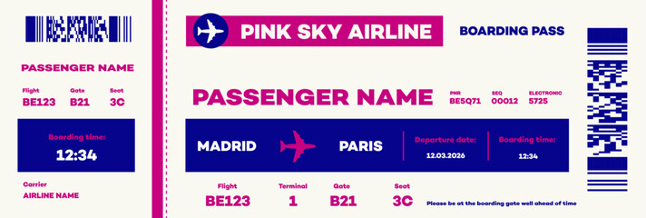 Low cost airline boarding pass template. Airplane ticket mock up. Vector illustration.