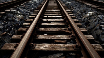 Landscape of an old, eroded, oxidized railway. Old wooden railway in gravel. Cozy Lighting