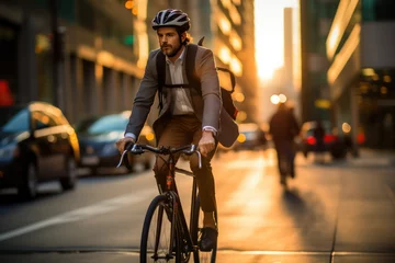 Foto op Canvas Cycling commuter. Young Caucasian man riding a bicycle on a road in a city street. Blurry urban background. © Stavros