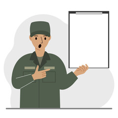 Military man in uniform with clipboards and a white sheet of paper for text.